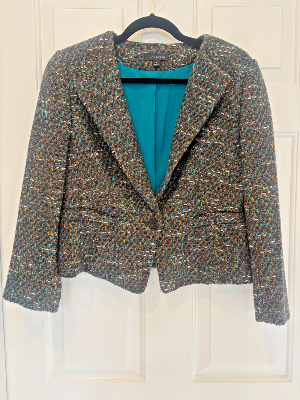 Ann Taylor Tweed Blazer Jacket 8 Multicolor Teal Lining Single Button Business